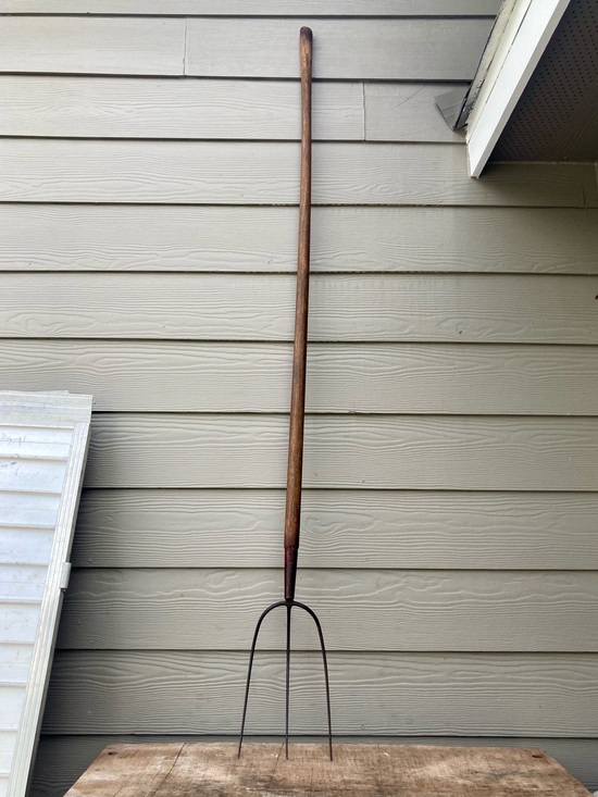 Vintage Other - Primitive Style Pitchfork with Wooden Handle 3 Tines 68”